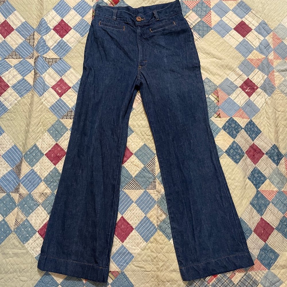 Vintage 70s HIS Jeans Bell Bottom Wide Leg Dark Wash Denim 28 Waist Boho Hippie